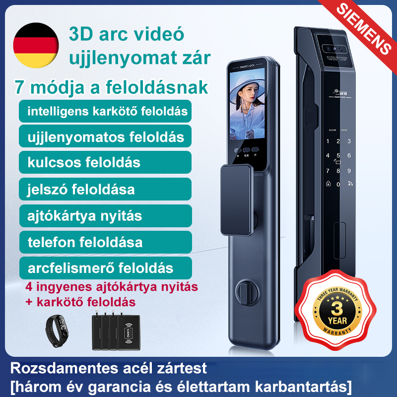 【Siemens intelligens ajtózár】7 feloldási mód (ujjlenyomatos feloldás/ kulcsos feloldás / feloldó jelszó/ Ajtókártyás feloldás/mobiltelefon feloldás/arcfelismerés feloldás/okos karkötő feloldás)Rendeljen most, és kap 4 feloldókártyát + intelligens karkötőt